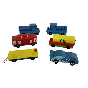 Mixed Wood Train Engine Railroad Cars Racecar Vintage Colorful 6 Pcs A